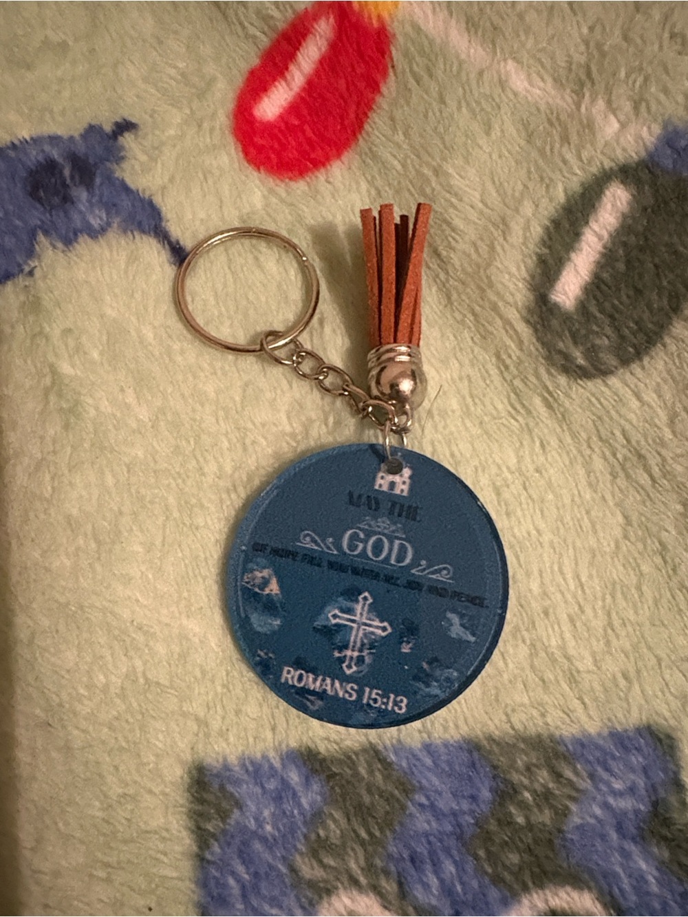 Religious Blue Round Keychain with Tassel - Romans 15:13